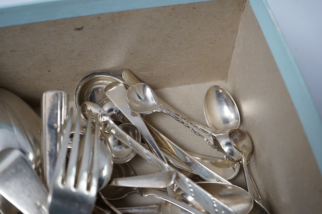 A quantity of assorted mainly 19th century silver flatware, various date, makers and patterns including a pair of George IV silver fiddle pattern table spoons, by William Cummins, Dublin, 1829, 33oz. Condition - poor to